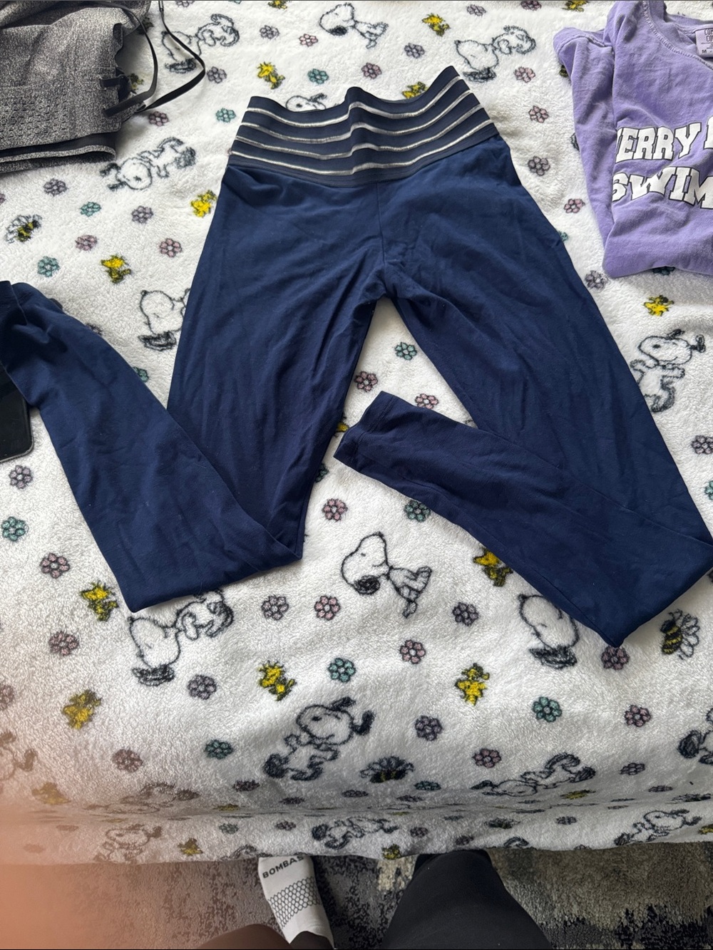 Kids Navy Blue Leggings with Striped Waistband